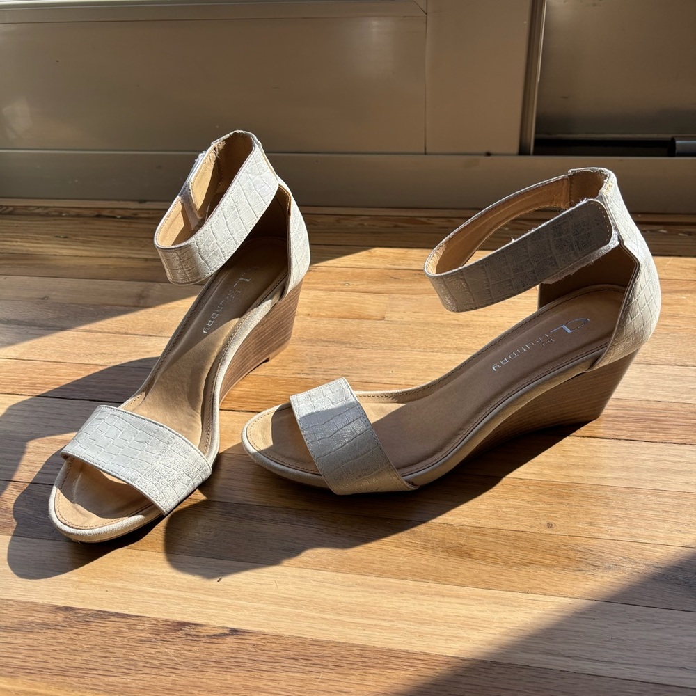 CL by Laundry White Shimmer Wedge Sandals with Ankle Straps